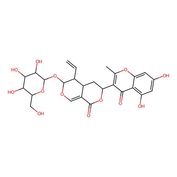 2D Structure of (3R,4aS,5R,6S)-3-(5,7-dihydroxy-2-methyl-4-oxochromen-3-yl)-5-ethenyl-6-[(2S,3R,4S,5S,6R)-3,4,5-trihydroxy-6-(hydroxymethyl)oxan-2-yl]oxy-4,4a,5,6-tetrahydro-3H-pyrano[3,4-c]pyran-1-one