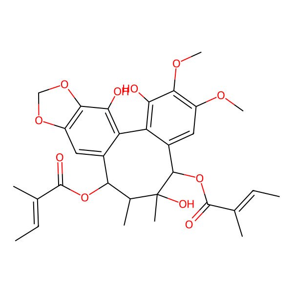 2D Structure of [3,9,19-Trihydroxy-4,5-dimethoxy-9,10-dimethyl-8-(2-methylbut-2-enoyloxy)-15,17-dioxatetracyclo[10.7.0.02,7.014,18]nonadeca-1(19),2,4,6,12,14(18)-hexaen-11-yl] 2-methylbut-2-enoate