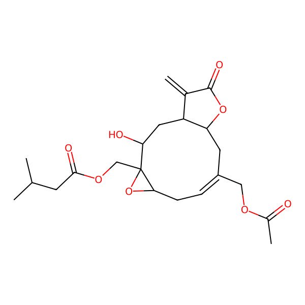 2D Structure of [(1R,3R,4R,6S,8E,11S)-9-(acetyloxymethyl)-3-hydroxy-14-methylidene-13-oxo-5,12-dioxatricyclo[9.3.0.04,6]tetradec-8-en-4-yl]methyl 3-methylbutanoate