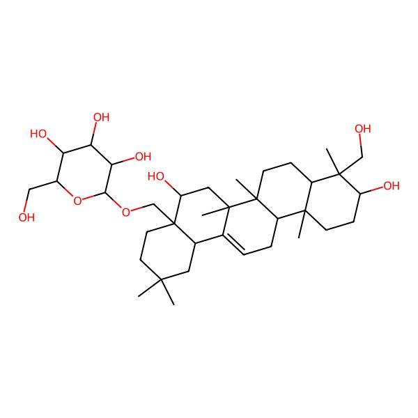 2D Structure of 2-[[5,10-Dihydroxy-9-(hydroxymethyl)-2,2,6a,6b,9,12a-hexamethyl-1,3,4,5,6,6a,7,8,8a,10,11,12,13,14b-tetradecahydropicen-4a-yl]methoxy]-6-(hydroxymethyl)oxane-3,4,5-triol