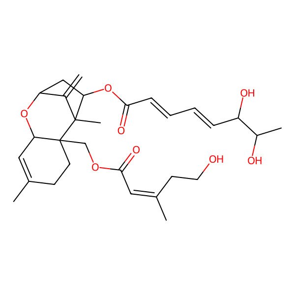 2D Structure of [(1S,2R,7R,9R,11R)-2-[[(E)-5-hydroxy-3-methylpent-2-enoyl]oxymethyl]-1,5-dimethyl-12-methylidene-8-oxatricyclo[7.2.1.02,7]dodec-5-en-11-yl] (2E,4E,6R,7R)-6,7-dihydroxyocta-2,4-dienoate