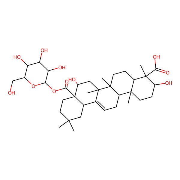 2D Structure of (3S,4S,4aR,6aR,6bS,8R,8aR,12aS,14aR,14bR)-3,8-dihydroxy-4,6a,6b,11,11,14b-hexamethyl-8a-[(2S,3R,4S,5S,6R)-3,4,5-trihydroxy-6-(hydroxymethyl)oxan-2-yl]oxycarbonyl-1,2,3,4a,5,6,7,8,9,10,12,12a,14,14a-tetradecahydropicene-4-carboxylic acid