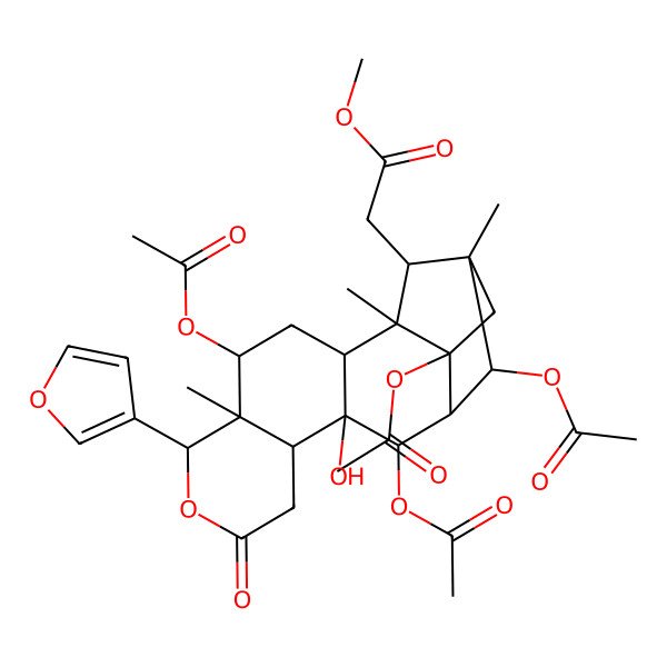 2D Structure of Methyl 2-[4,12,14,17-tetraacetyloxy-6-(furan-3-yl)-11-hydroxy-1,5,15-trimethyl-8-oxo-7-oxapentacyclo[13.2.1.02,11.05,10.013,17]octadecan-18-yl]acetate