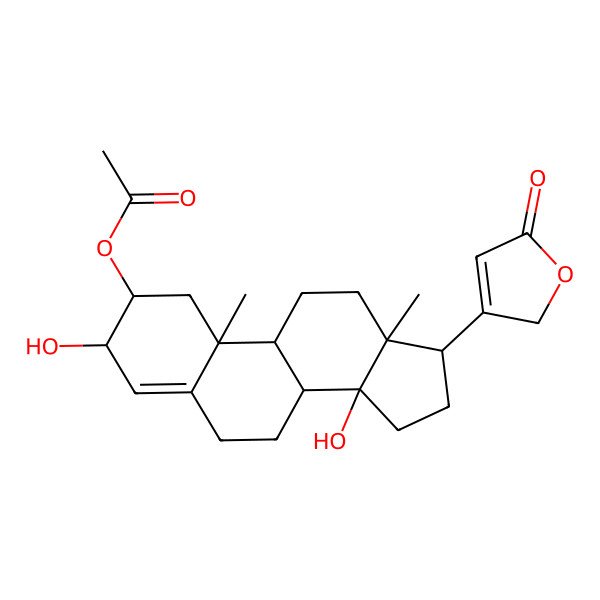 2D Structure of [(2R,3R,8S,9S,10R,13R,14S,17R)-3,14-dihydroxy-10,13-dimethyl-17-(5-oxo-2H-furan-3-yl)-1,2,3,6,7,8,9,11,12,15,16,17-dodecahydrocyclopenta[a]phenanthren-2-yl] acetate
