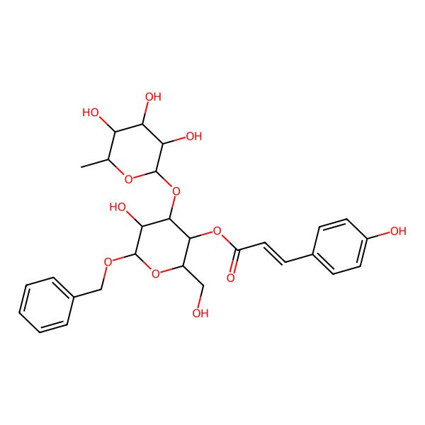 2D Structure of [5-Hydroxy-2-(hydroxymethyl)-6-phenylmethoxy-4-(3,4,5-trihydroxy-6-methyloxan-2-yl)oxyoxan-3-yl] 3-(4-hydroxyphenyl)prop-2-enoate