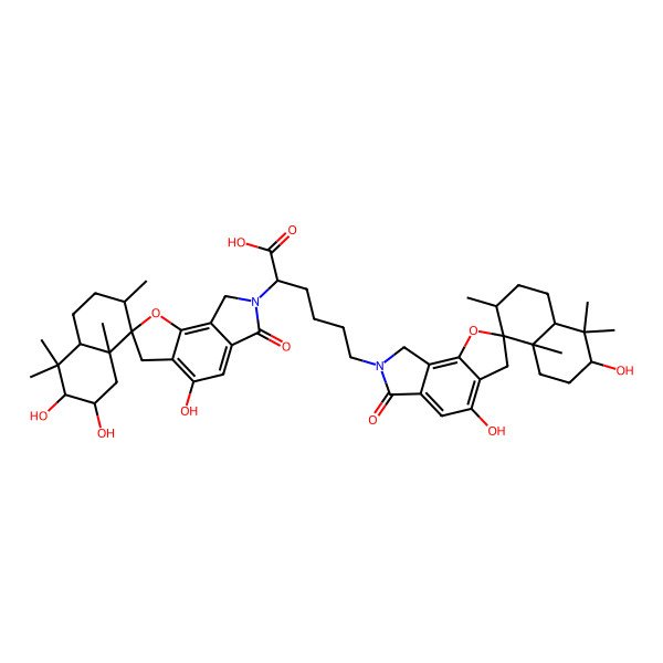 2D Structure of (2R)-6-[(3R,4aS,7R,8S,8aS)-3,4'-dihydroxy-4,4,7,8a-tetramethyl-6'-oxospiro[2,3,4a,5,6,7-hexahydro-1H-naphthalene-8,2'-3,8-dihydrofuro[2,3-e]isoindole]-7'-yl]-2-[(2R,3R,4aR,7S,8S,8aR)-2,3,4'-trihydroxy-4,4,7,8a-tetramethyl-6'-oxospiro[2,3,4a,5,6,7-hexahydro-1H-naphthalene-8,2'-3,8-dihydrofuro[2,3-e]isoindole]-7'-yl]hexanoic acid