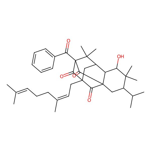 2D Structure of (3R,5R,6S,7R,9R,11S)-9-benzoyl-11-[(2E)-3,7-dimethylocta-2,6-dienyl]-5-hydroxy-4,4,8,8-tetramethyl-3-propan-2-yltetracyclo[7.3.1.17,11.01,6]tetradecane-10,12,13-trione