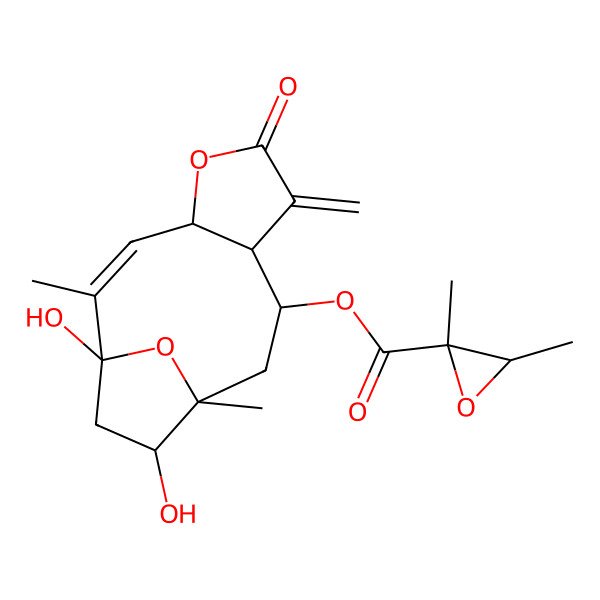 2D Structure of (1,12-Dihydroxy-2,11-dimethyl-7-methylidene-6-oxo-5,14-dioxatricyclo[9.2.1.04,8]tetradec-2-en-9-yl) 2,3-dimethyloxirane-2-carboxylate