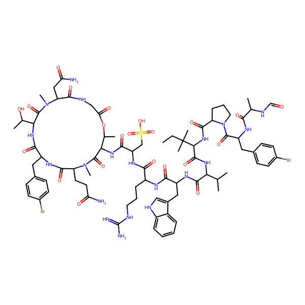 2D Structure of (2S)-3-[[(6S,9S,12R,15R,18S,19R)-6-(2-amino-2-oxoethyl)-15-(3-amino-3-oxopropyl)-12-[(4-bromophenyl)methyl]-9-[(1S)-1-hydroxyethyl]-7,16,19-trimethyl-2,5,8,11,14,17-hexaoxo-1-oxa-4,7,10,13,16-pentazacyclononadec-18-yl]amino]-2-[[(2R)-2-[[(2R)-2-[[(2S)-2-[[(2S)-2-[[(2R)-1-[(2S)-3-(4-bromophenyl)-2-[[(2R)-2-formamidopropanoyl]amino]propanoyl]pyrrolidine-2-carbonyl]amino]-3,3-dimethylpentanoyl]amino]-3-methylbutanoyl]amino]-3-(1H-indol-3-yl)propanoyl]amino]-5-carbamimidamidopentanoyl]amino]-3-oxopropane-1-sulfonic acid