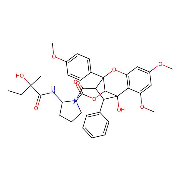 2D Structure of [1-Hydroxy-10-[2-[(2-hydroxy-2-methylbutanoyl)amino]pyrrolidine-1-carbonyl]-3,5-dimethoxy-9-(4-methoxyphenyl)-11-phenyl-8-oxatricyclo[7.2.1.02,7]dodeca-2(7),3,5-trien-12-yl] acetate