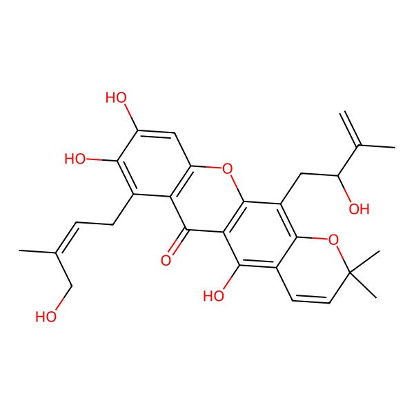 2D Structure of 5,8,9-trihydroxy-12-[(2R)-2-hydroxy-3-methylbut-3-enyl]-7-[(E)-4-hydroxy-3-methylbut-2-enyl]-2,2-dimethylpyrano[3,2-b]xanthen-6-one