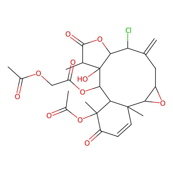 2D Structure of (15-Acetyloxy-7-chloro-12-hydroxy-1,11,15-trimethyl-6-methylidene-10,16-dioxo-3,9-dioxatetracyclo[12.4.0.02,4.08,12]octadec-17-en-13-yl) 2-acetyloxyacetate