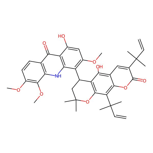 2D Structure of 1-hydroxy-4-[(4R)-5-hydroxy-2,2-dimethyl-7,10-bis(2-methylbut-3-en-2-yl)-8-oxo-3,4-dihydropyrano[3,2-g]chromen-4-yl]-3,5,6-trimethoxy-10H-acridin-9-one