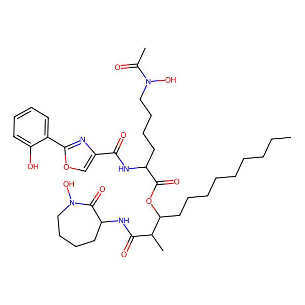 2D Structure of [(2S,3R)-1-[[(3S)-1-hydroxy-2-oxoazepan-3-yl]amino]-2-methyl-1-oxododecan-3-yl] (2R)-6-[acetyl(hydroxy)amino]-2-[[2-(2-hydroxyphenyl)-1,3-oxazole-4-carbonyl]amino]hexanoate