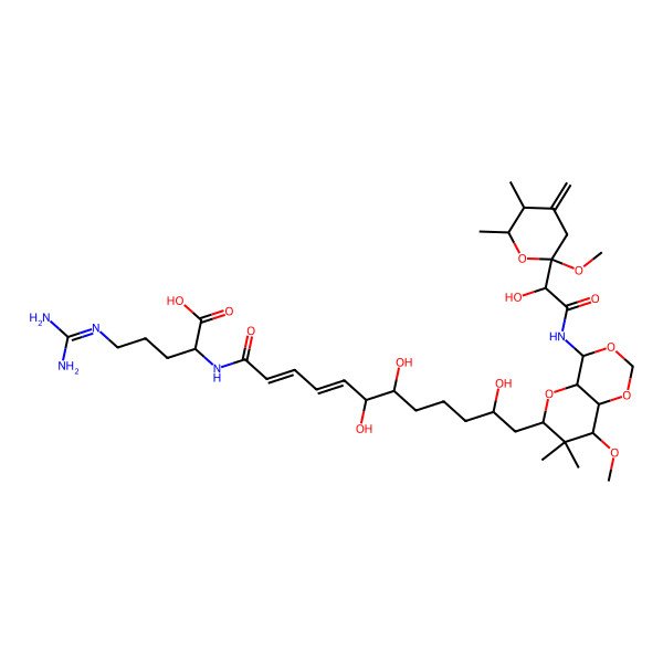 2D Structure of 5-(diaminomethylideneamino)-2-[[6,7,11-trihydroxy-12-[4-[[2-hydroxy-2-(2-methoxy-5,6-dimethyl-4-methylideneoxan-2-yl)acetyl]amino]-8-methoxy-7,7-dimethyl-4a,6,8,8a-tetrahydro-4H-pyrano[3,2-d][1,3]dioxin-6-yl]dodeca-2,4-dienoyl]amino]pentanoic acid