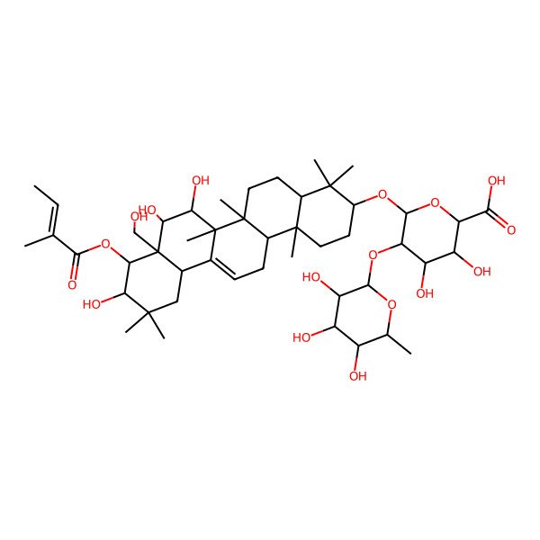 2D Structure of 3,4-Dihydroxy-6-[[7,8,10-trihydroxy-8a-(hydroxymethyl)-4,4,6a,6b,11,11,14b-heptamethyl-9-(2-methylbut-2-enoyloxy)-1,2,3,4a,5,6,7,8,9,10,12,12a,14,14a-tetradecahydropicen-3-yl]oxy]-5-(3,4,5-trihydroxy-6-methyloxan-2-yl)oxyoxane-2-carboxylic acid