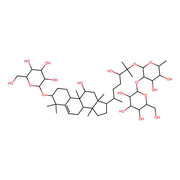2D Structure of (2R,3R,4S,5S,6R)-2-[[(3S,8S,9R,10R,11R,13R,14S,17R)-17-[(2R,5R)-6-[(2R,3S,4S,5S,6R)-4,5-dihydroxy-6-methyl-3-[(2S,3R,4S,5S,6R)-3,4,5-trihydroxy-6-(hydroxymethyl)oxan-2-yl]oxyoxan-2-yl]oxy-5-hydroxy-6-methylheptan-2-yl]-11-hydroxy-4,4,9,13,14-pentamethyl-2,3,7,8,10,11,12,15,16,17-decahydro-1H-cyclopenta[a]phenanthren-3-yl]oxy]-6-(hydroxymethyl)oxane-3,4,5-triol