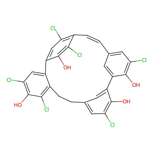 2D Structure of (20E)-4,6,12,17,23,26-hexachloropentacyclo[20.2.2.110,14.115,19.02,7]octacosa-1(25),2,4,6,10(28),11,13,15,17,19(27),20,22(26),23-tridecaene-5,13,16,24-tetrol