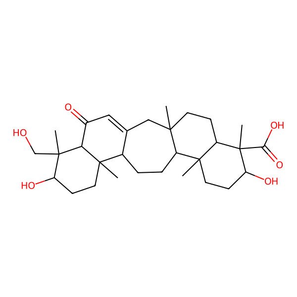 2D Structure of (3S,6R,7R,8S,11R,12S,15R,16R,19R,20S,21R)-8,19-dihydroxy-20-(hydroxymethyl)-3,7,11,16,20-pentamethyl-22-oxopentacyclo[13.8.0.03,12.06,11.016,21]tricos-1(23)-ene-7-carboxylic acid
