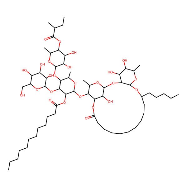 2D Structure of [5-[3,4-Dihydroxy-6-methyl-5-(2-methylbutanoyloxy)oxan-2-yl]oxy-6-methyl-2-[(4,5,26-trihydroxy-6,24-dimethyl-20-oxo-10-pentyl-2,7,9,21,25-pentaoxatricyclo[20.3.1.03,8]hexacosan-23-yl)oxy]-4-[3,4,5-trihydroxy-6-(hydroxymethyl)oxan-2-yl]oxyoxan-3-yl] dodecanoate