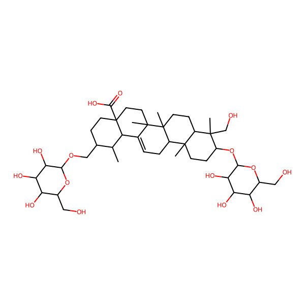 2D Structure of 9-(hydroxymethyl)-1,6a,6b,9,12a-pentamethyl-10-[3,4,5-trihydroxy-6-(hydroxymethyl)oxan-2-yl]oxy-2-[[3,4,5-trihydroxy-6-(hydroxymethyl)oxan-2-yl]oxymethyl]-2,3,4,5,6,6a,7,8,8a,10,11,12,13,14b-tetradecahydro-1H-picene-4a-carboxylic acid