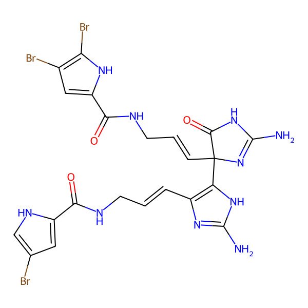 2D Structure of N-[(E)-3-[(4R)-2-amino-4-[2-amino-4-[(E)-3-[(4-bromo-1H-pyrrole-2-carbonyl)amino]prop-1-enyl]-1H-imidazol-5-yl]-5-oxo-1H-imidazol-4-yl]prop-2-enyl]-4,5-dibromo-1H-pyrrole-2-carboxamide