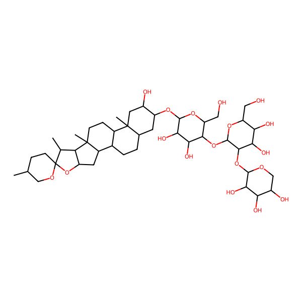 2D Structure of (2S,3R,4S,5R)-2-[(2S,3R,4S,5S,6R)-2-[(2R,3R,4R,5R,6R)-4,5-dihydroxy-2-(hydroxymethyl)-6-[(1R,2S,4S,5'R,6R,7S,8R,9S,12S,13S,15R,16R,18S)-15-hydroxy-5',7,9,13-tetramethylspiro[5-oxapentacyclo[10.8.0.02,9.04,8.013,18]icosane-6,2'-oxane]-16-yl]oxyoxan-3-yl]oxy-4,5-dihydroxy-6-(hydroxymethyl)oxan-3-yl]oxyoxane-3,4,5-triol