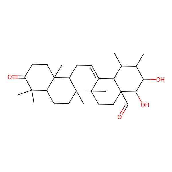 2D Structure of 3,4-Dihydroxy-1,2,6a,6b,9,9,12a-heptamethyl-10-oxo-1,2,3,4,5,6,6a,7,8,8a,11,12,13,14b-tetradecahydropicene-4a-carbaldehyde 2D Structure of 3,4-Dihydroxy-1,2,6a,6b,9,9,12a-heptamethyl-10-oxo-1,2,3,4,5,6,6a,7,8,8a,11,12,13,14b-tetradecahydropicene-4a-carbaldehyde