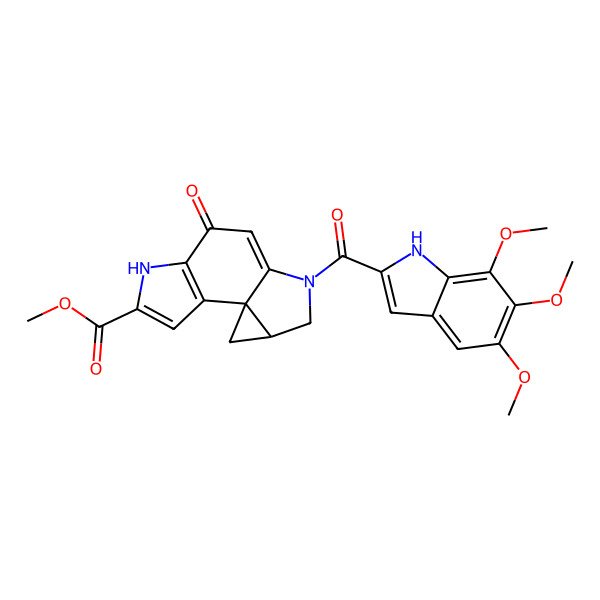 2D Structure of methyl 7-oxo-10-(5,6,7-trimethoxy-1H-indole-2-carbonyl)-5,10-diazatetracyclo[7.4.0.01,12.02,6]trideca-2(6),3,8-triene-4-carboxylate