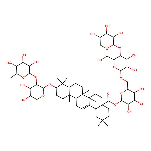 2D Structure of [(2S,3R,4S,5S,6R)-6-[[(2R,3R,4R,5S,6R)-3,4-dihydroxy-6-(hydroxymethyl)-5-[(2S,3R,4S,5S)-3,4,5-trihydroxyoxan-2-yl]oxyoxan-2-yl]oxymethyl]-3,4,5-trihydroxyoxan-2-yl] (4aS,6aR,6aS,6bR,8aR,10S,12aR,14bS)-10-[(2S,3R,4S,5S)-4,5-dihydroxy-3-[(2S,3R,4R,5R,6S)-3,4,5-trihydroxy-6-methyloxan-2-yl]oxyoxan-2-yl]oxy-2,2,6a,6b,9,9,12a-heptamethyl-1,3,4,5,6,6a,7,8,8a,10,11,12,13,14b-tetradecahydropicene-4a-carboxylate