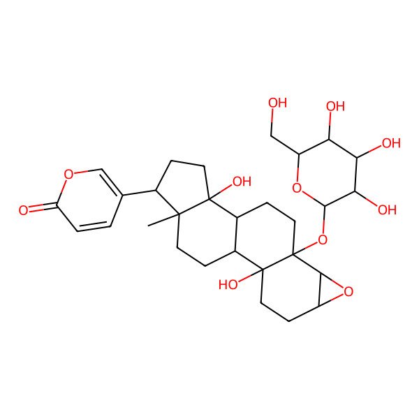 2D Structure of 5-[2,12-Dihydroxy-16-methyl-8-[3,4,5-trihydroxy-6-(hydroxymethyl)oxan-2-yl]oxy-6-oxapentacyclo[9.7.0.02,8.05,7.012,16]octadecan-15-yl]pyran-2-one