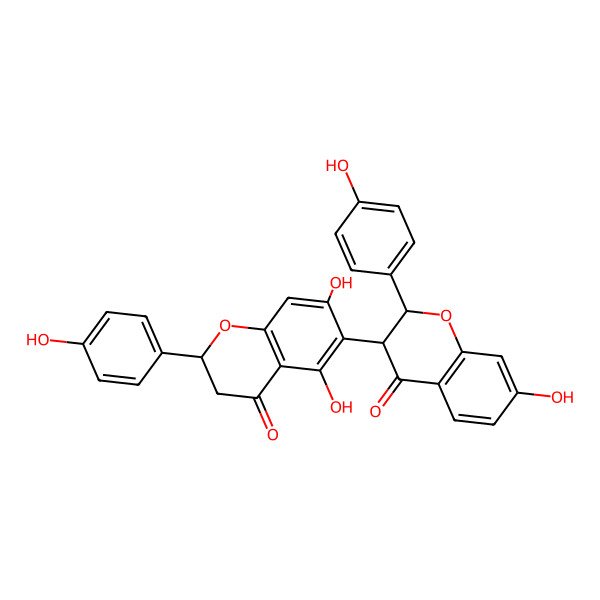2D Structure of (2R)-5,7-dihydroxy-6-[(2R,3S)-7-hydroxy-2-(4-hydroxyphenyl)-4-oxo-2,3-dihydrochromen-3-yl]-2-(4-hydroxyphenyl)-2,3-dihydrochromen-4-one