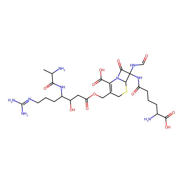 2D Structure of 7-[(5-Amino-5-carboxypentanoyl)amino]-3-[[4-(2-aminopropanoylamino)-7-(diaminomethylideneamino)-3-hydroxyheptanoyl]oxymethyl]-7-formamido-8-oxo-5-thia-1-azabicyclo[4.2.0]oct-2-ene-2-carboxylic acid