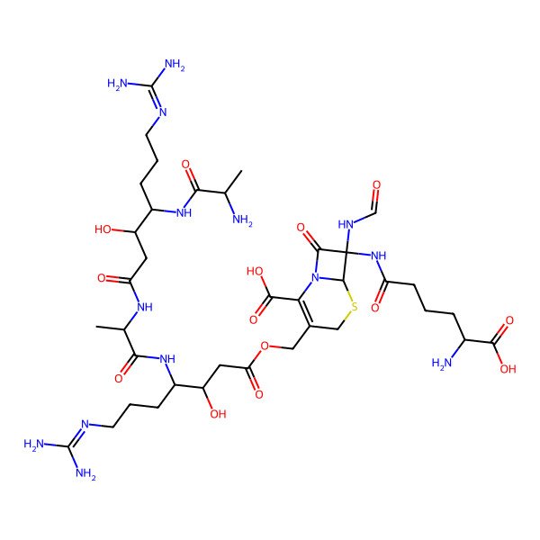 2D Structure of 7-[(5-Amino-5-carboxypentanoyl)amino]-3-[[4-[2-[[4-(2-aminopropanoylamino)-7-(diaminomethylideneamino)-3-hydroxyheptanoyl]amino]propanoylamino]-7-(diaminomethylideneamino)-3-hydroxyheptanoyl]oxymethyl]-7-formamido-8-oxo-5-thia-1-azabicyclo[4.2.0]oct-2-ene-2-carboxylic acid
