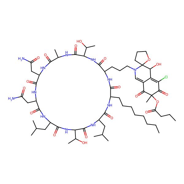 2D Structure of [(3S,4S,7S)-2-[3-[(2S,5S,8S,11S,14R,17R,20S,23R,26R)-11,14-bis(2-amino-2-oxoethyl)-5,20-bis[(1R)-1-hydroxyethyl]-8-methyl-17,23-bis(2-methylpropyl)-26-octyl-3,6,9,12,15,18,21,24,27-nonaoxo-1,4,7,10,13,16,19,22,25-nonazacycloheptacos-2-yl]propyl]-5-chloro-4-hydroxy-7-methyl-6,8-dioxospiro[4H-isoquinoline-3,2'-oxolane]-7-yl] butanoate
