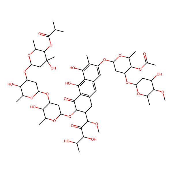2D Structure of (1S)-1-C-((2S,3S)-7-((4-O-Acetyl-2,6-dideoxy-3-O-(2,6-dideoxy-4-O-methyl-alpha-D-lyxo-hexopyranosyl)-beta-D-lyxo-hexopyranosyl)oxy)-3-((O-2,6-dideoxy-3-C-methyl-4-O-(2-methyl-1-oxopropyl)-alpha-L-arabino-hexopyranosyl(1->3)-O-2,6-dideoxy-beta-D-arabino-hexopyranosyl-(1->3)-2,6-dideoxy-beta-D-arabino-hexopyranosyl)oxy)-1,2,3,4-tetrahydro-5,10-dihydroxy-6-methyl-4-oxo-2-anthracenyl)-5-deoxy-1-O-methyl-D-threo-2-pentulose