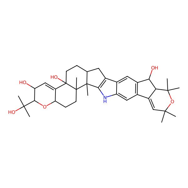 2D Structure of 8-(2-Hydroxypropan-2-yl)-2,3,23,23,25,25-hexamethyl-7,24-dioxa-31-azaoctacyclo[15.14.0.02,15.03,12.06,11.018,30.020,28.022,27]hentriaconta-1(17),10,18,20(28),26,29-hexaene-9,12,21-triol