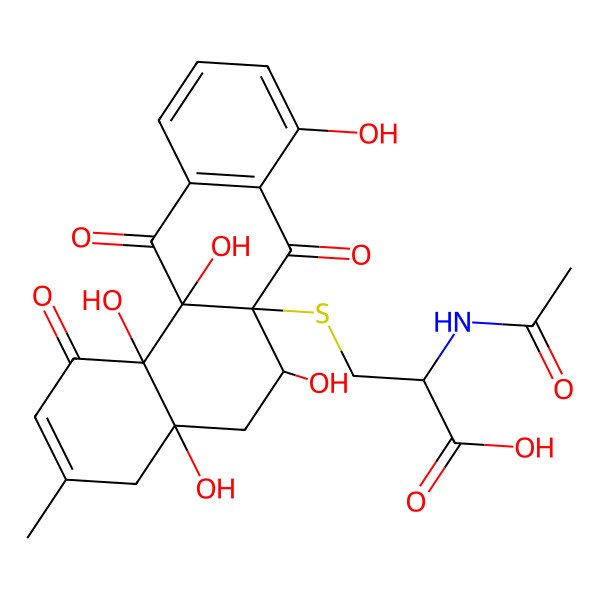 2D Structure of 3-[(4a,6,8,12a,12b-pentahydroxy-3-methyl-1,7,12-trioxo-5,6-dihydro-4H-benzo[a]anthracen-6a-yl)sulanyl]-2-acetamidopropanoic acid
