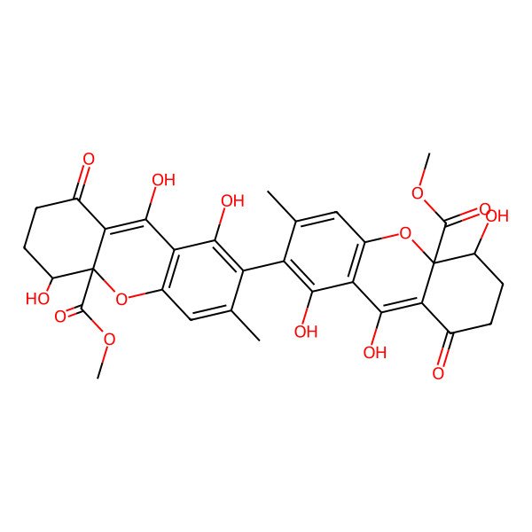 2D Structure of (4R,4'R,4aR,4'aR,7R)-rel-2,2',3,3',4,4',9,9'-octahydro-1,1',4,4',8,8'-hexahydroxy-6,6'-dimethyl-9,9'-dioxo-[7,7'-bi-4aH-xanthene]-4a,4'a-dicarboxylic acid dimethyl ester