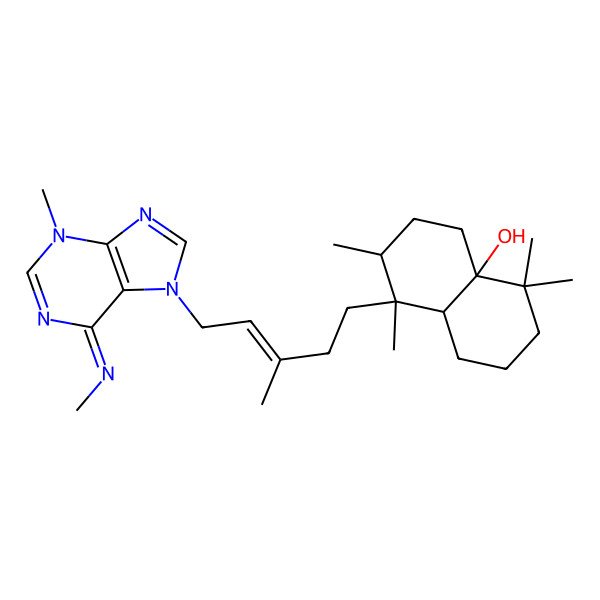2D Structure of (8S)-4,4,7,8-tetramethyl-8-[(E)-3-methyl-5-(3-methyl-6-methyliminopurin-7-yl)pent-3-enyl]-2,3,5,6,7,8a-hexahydro-1H-naphthalen-4a-ol