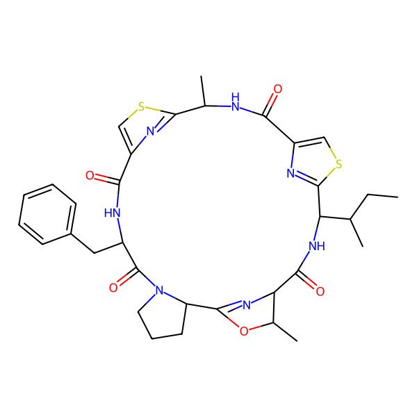 2D Structure of 8-Benzyl-22-butan-2-yl-15,26-dimethyl-27-oxa-13,20-dithia-6,9,16,23,28,29,30-heptazapentacyclo[23.2.1.111,14.118,21.02,6]triaconta-1(28),11,14(30),18,21(29)-pentaene-7,10,17,24-tetrone