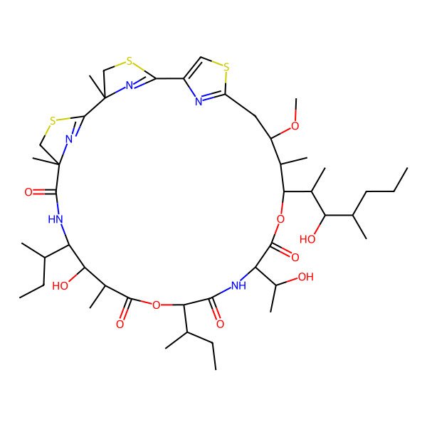 2D Structure of (5R,9S,12S,13S,14R,20S,23R,24S,25S)-12,17-Bis[(2S)-butan-2-yl]-13-hydroxy-20-[(1R)-1-hydroxyethyl]-23-[(2S,3S,4R)-3-hydroxy-4-methylheptan-2-yl]-25-methoxy-5,9,14,24-tetramethyl-16,22-dioxa-3,7,28-trithia-11,19,30,31,32-pentazatetracyclo[25.2.1.12,5.16,9]dotriaconta-1(29),2(32),6(31),27(30)-tetraene-10,15,18,21-tetrone