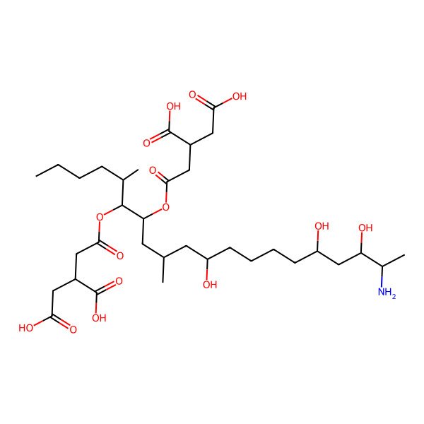 2D Structure of (2S)-2-(2-((5R,6R,7S,9S,11R,16R,18S,19S)-19-amino-6-((3S)-3,4-dicarboxybutanoyl)oxy-11,16,18-trihydroxy-5,9-dimethylicosan-7-yl)oxy-2-oxoethyl)butanedioic acid