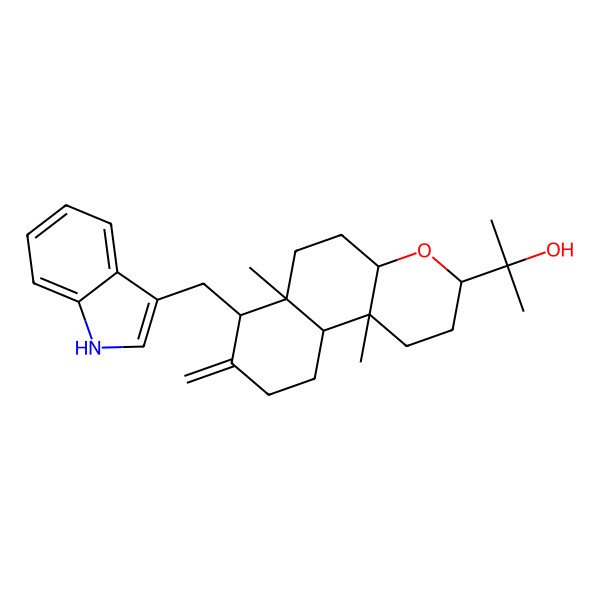 2D Structure of 2-[(3S,4As,6aR,7R,10aR,10bS)-7-(1H-indol-3-ylmethyl)-6a,10b-dimethyl-8-methylidene-1,2,3,4a,5,6,7,9,10,10a-decahydrobenzo[f]chromen-3-yl]propan-2-ol