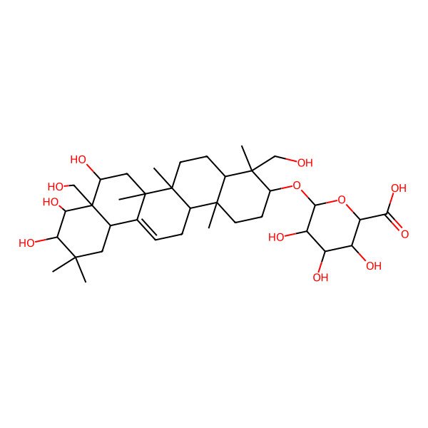 2D Structure of (2S,3S,4S,5R,6R)-6-[[(3S,4R,4Ar,6aR,6bS,8S,8aR,9R,10R,12aS,14aR,14bR)-8,9,10-trihydroxy-4,8a-bis(hydroxymethyl)-4,6a,6b,11,11,14b-hexamethyl-1,2,3,4a,5,6,7,8,9,10,12,12a,14,14a-tetradecahydropicen-3-yl]oxy]-3,4,5-trihydroxyoxane-2-carboxylic acid