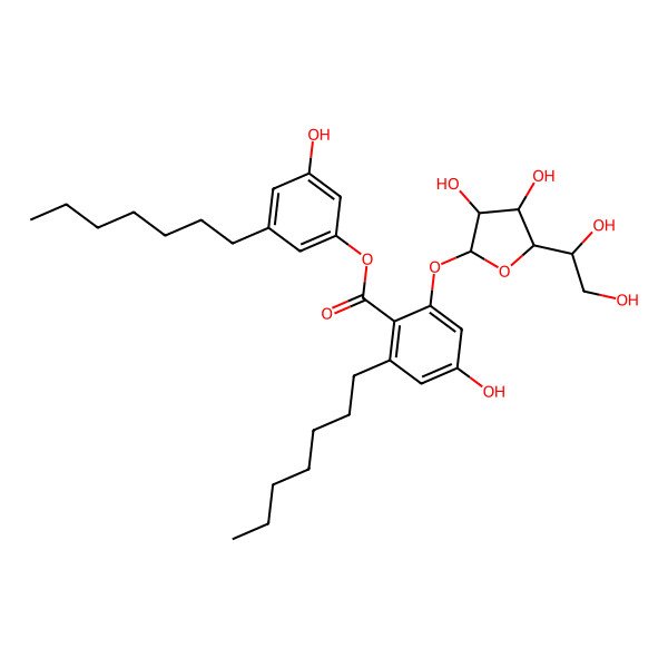 2D Structure of (3-Heptyl-5-hydroxyphenyl) 2-[5-(1,2-dihydroxyethyl)-3,4-dihydroxyoxolan-2-yl]oxy-6-heptyl-4-hydroxybenzoate