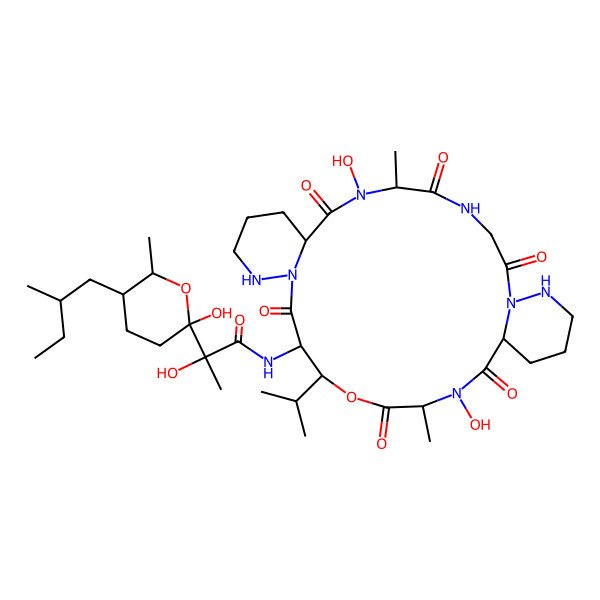 2D Structure of (2S)-N-[(6S,9R,16S,17S,20R,23S)-7,21-Dihydroxy-6,20-dimethyl-2,5,8,15,19,22-hexaoxo-17-propan-2-yl-18-oxa-1,4,7,13,14,21,27-heptazatricyclo[21.4.0.09,14]heptacosan-16-yl]-2-hydroxy-2-[(2R,5R,6R)-2-hydroxy-6-methyl-5-[(2S)-2-methylbutyl]oxan-2-yl]propanamide