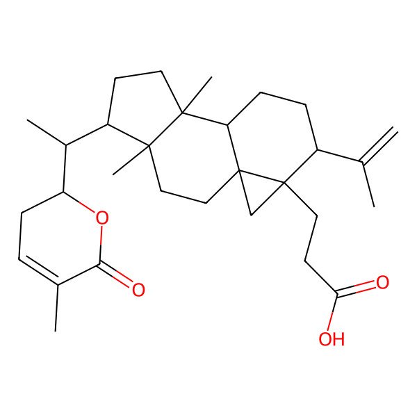 2D Structure of 3-((1S,4R,5R,8S,9S,12S,13R)-4,8-dimethyl-5-((1S)-1-((2R)-5-methyl-6-oxo-2,3-dihydropyran-2-yl)ethyl)-12-prop-1-en-2-yl-13-tetracyclo(7.5.0.01,13.04,8)tetradecanyl)propanoic acid