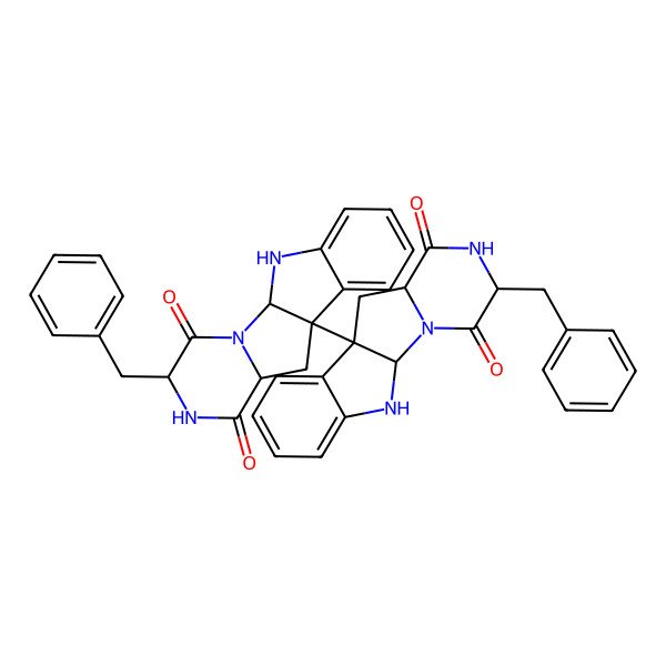 2D Structure of (1R,4S,7S,9R)-4-Benzyl-9-[(1R,4S,7S,9R)-4-benzyl-3,6-dioxo-2,5,16-triazatetracyclo[7.7.0.02,7.010,15]hexadeca-10,12,14-trien-9-yl]-2,5,16-triazatetracyclo[7.7.0.02,7.010,15]hexadeca-10,12,14-triene-3,6-dione
