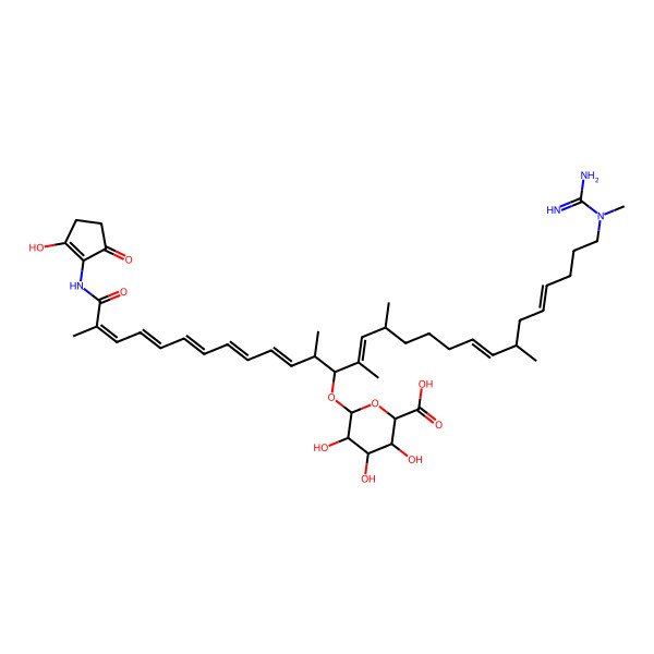 2D Structure of (2S,3S,4S,5R,6R)-6-[(2E,4E,6E,8E,10E,14E,20E,24E)-28-[Carbamimidoyl(methyl)amino]-1-[(2-hydroxy-5-oxocyclopenten-1-yl)amino]-2,12,14,16,22-pentamethyl-1-oxooctacosa-2,4,6,8,10,14,20,24-octaen-13-yl]oxy-3,4,5-trihydroxyoxane-2-carboxylic acid